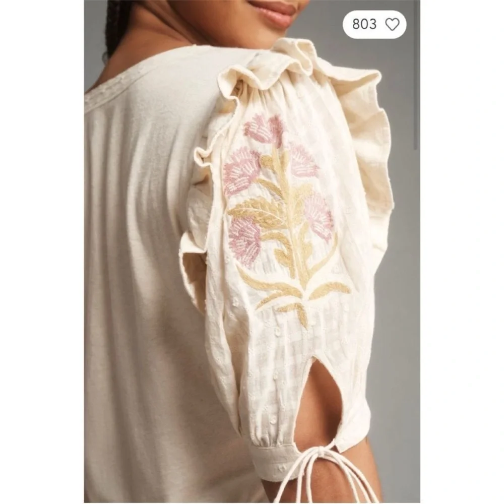 Anthropologie Cream Blouse with Embroidered Sleeves